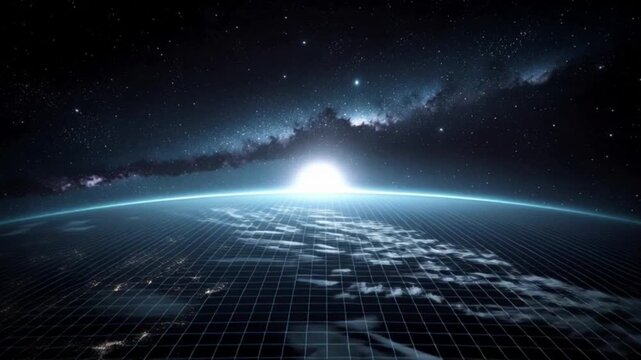 A futuristic digital grid overlays the Earth's majestic curve as a brilliant star illuminates the dawn from the vastness of cosmic space, signaling new beginnings and technological advancement