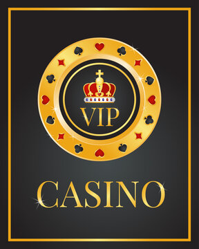Premium VIP casino poster with golden chip and text on black background. Template for pocker club or casino. Advertising, games, casino.Vector illustration Vector illustration.