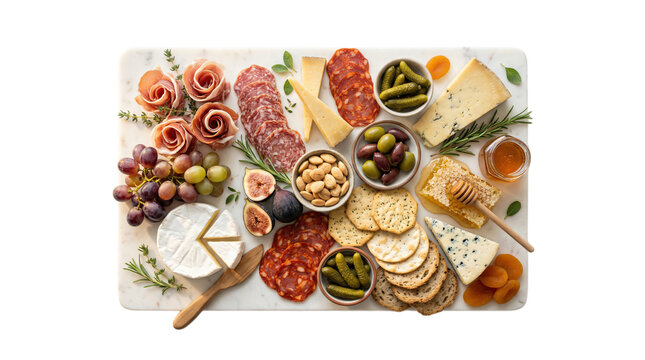 A charcuterie board with cheese meat and fruit isolated on transparent background