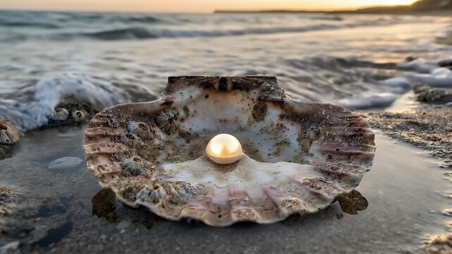 A beautiful, luminous pearl rests gracefully inside an open bivalve shell, positioned on the wet sandy shore as the sun dips below the horizon or rises gently, casting a warm, golden glow across the s