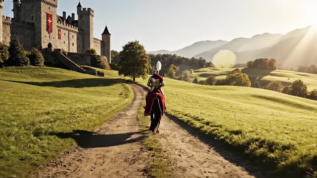 Medieval knight in shining armor riding a horse away from a majestic castle at sunset, symbolizing a heroic journey, chivalry, and historical fantasy adventure