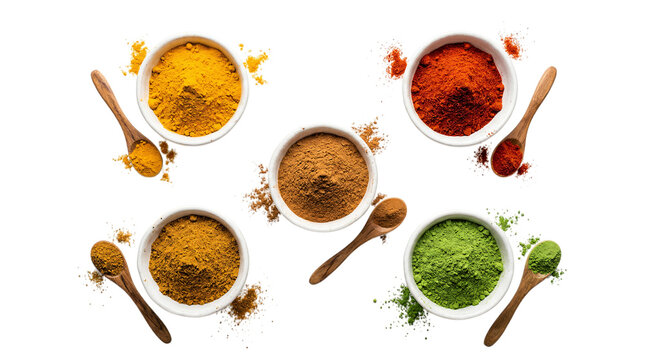 A collection of colorful spices and seasonings on a white background isolated on transparent background