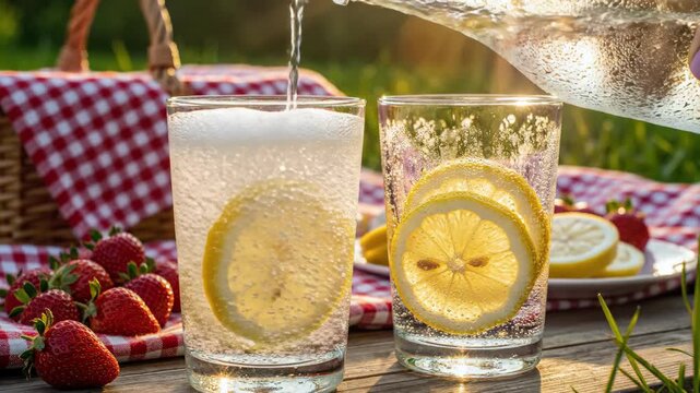 Refreshing lemonade preparation with sparkling water poured into glasses filled with lemon slices and strawberries on a picnic blanket in a sunny outdoor setting