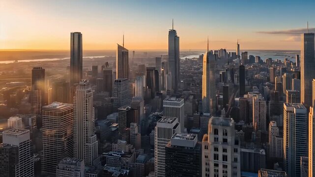 High angle view of dense cityscape at sunset with tall office buildings and river