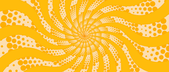 Retro yellow background with vintage circus sunburst. Psychedelic colorful swirl poster, abstract pattern in 70s carnival style. Hypnotic sunburst vector illustration.