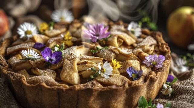 A beautifully crafted homemade dessert, featuring a warm apple pie or tart, glistening with powdered sugar and gently steaming, indicating its fresh-baked perfection. The golden-brown pastry crust cra