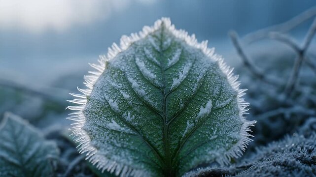 Close up of a Leaf Covered in Frost on a Cold Morning