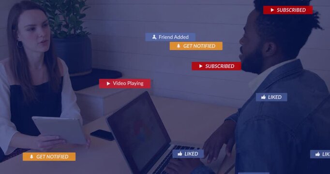 Man typing 'Send' on laptop, creating business badges obscuring screens, showing notification flow