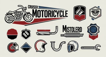 Motorcycle Parts and Emblems Collection Vintage Style. © Efan