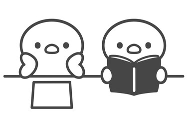 本を読むひよこと頬杖をつくひよこの手書き線画イラスト  授業中の読書と退屈な様子を表す対比イメージ プリントや書類のある学習シーン © Nitomaru