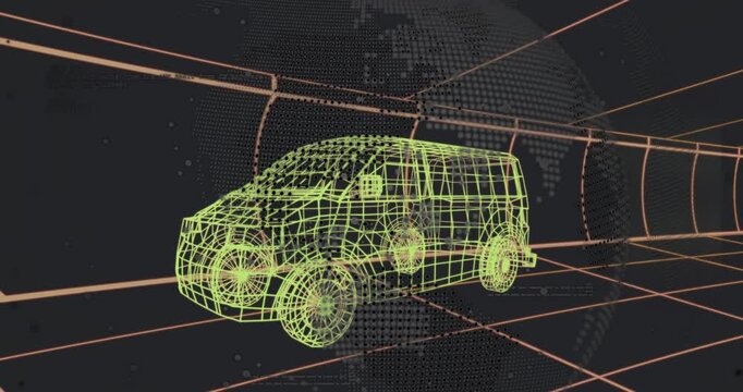 On scene start neon-yellow wireframe van rotating while camera panning, grids shifting to showcase