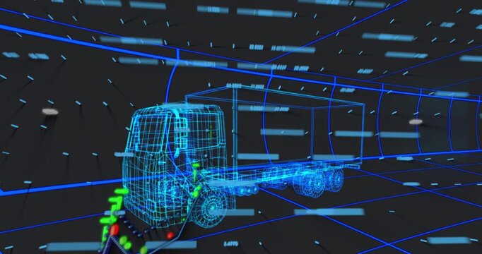 Data streaks moving left causing 3D chart rising and occluding wireframe truck, showing fleet data