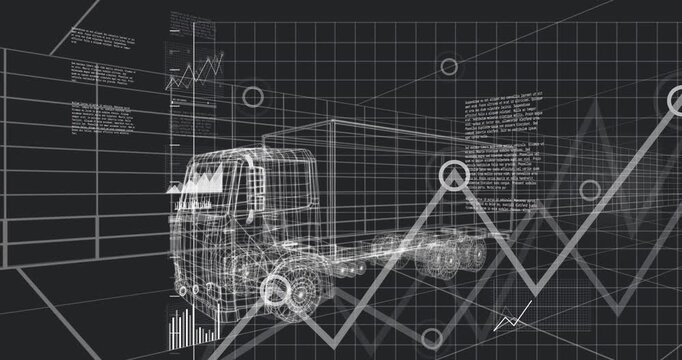 HUD appearing, starting wireframe semi truck centering while charts rising, visualizing fleet data