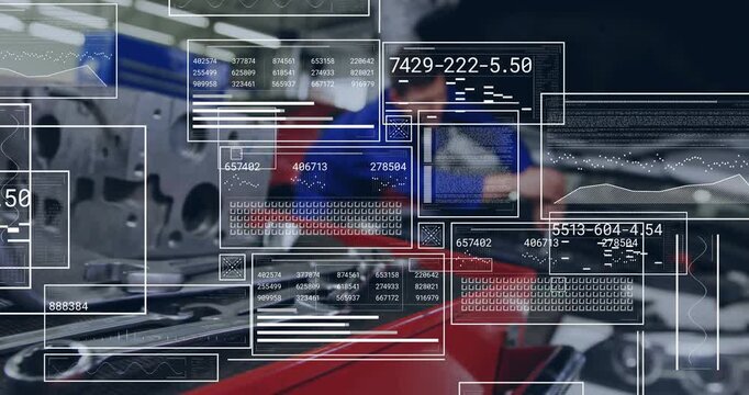 Mechanic leaning into engine and using wrench, touching triggers HUD overlays showing auto data