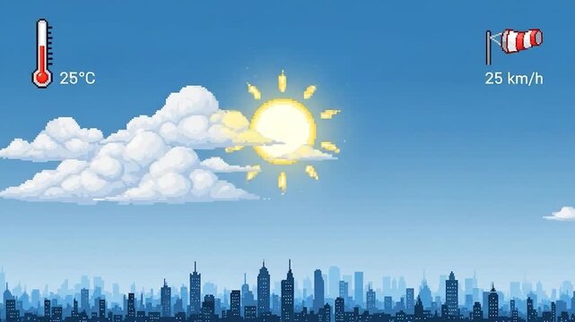Pixelated weather forecast graphic with sun, clouds, city silhouette, temperature, and wind speed