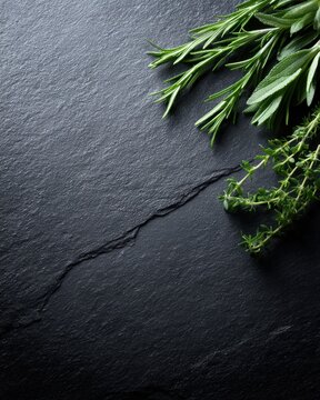 Dark slate stone surface with fresh herbs like rosemary and thyme, kitchen background