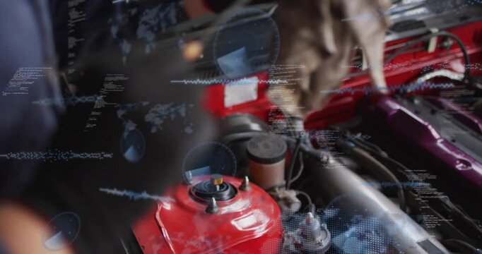 Auto woman mechanic inserting rod pulling clip wiping red strut inspecting intake HUD tagging parts