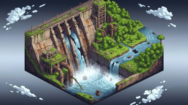 Isometric view of a decaying dam with waterfalls, overgrown vegetation, and pixelated clouds