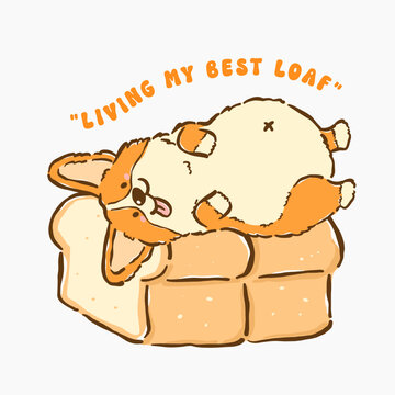 Cute kawaii corgi belly up on loaf bread whimsical hand drawn cartoon doodle