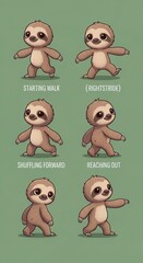 Fototapeta premium Sequence of whimsical cartoon sloth movements displayed against a muted backdrop