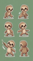 Fototapeta premium Six different poses of a cute cartoon sloth displayed as individual stickers on a solid green background