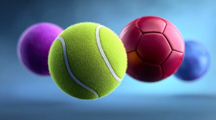 Colorful sports balls including a green tennis ball, red soccer ball, and purple basketball floating against a blue gradient background with soft lighting effects