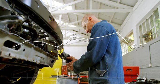 Male mechanic inspecting damaged bumper, grinding seam, animated overlay tracing sparks for repair