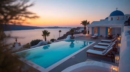 Fototapeta premium Luxurious Greek villa with pool, overlooking serene ocean at sunset