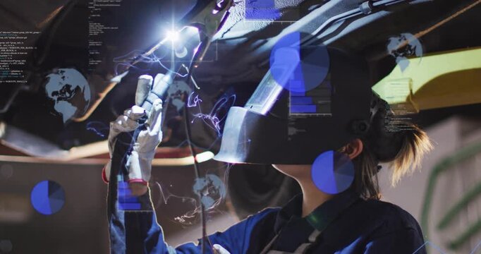 Female tech aligning electrode and repairing seam under vehicle, sparking arc and showing AR charts