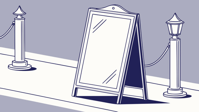 Blank Aframe sign on sidewalk with stanchions and lampposts.