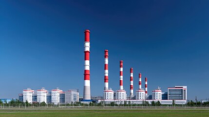 Obraz premium Industrial Power Plant with Red and White Smokestacks under Clear Blue Sky, Energy Generation Facility in Modern Urban Landscape