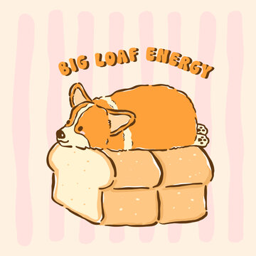 Cute kawaii corgi sploot on loaf bread whimsical hand drawn cartoon doodle