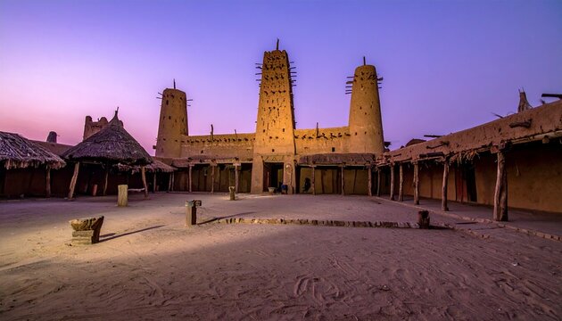 Historic Djenne Great Mosque Mali at Dusk