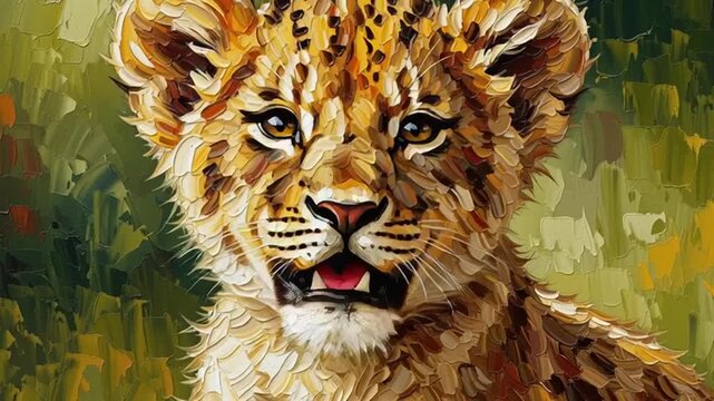 The painting depicts a close-up of a leopard cub's face with expressive eyes on a green background.