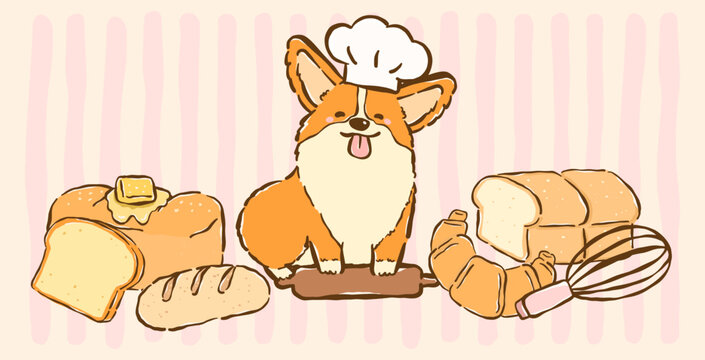 Kawaii corgi bakery chef with bread loaf, crossiant whimsical hand drawn cartoon doodle