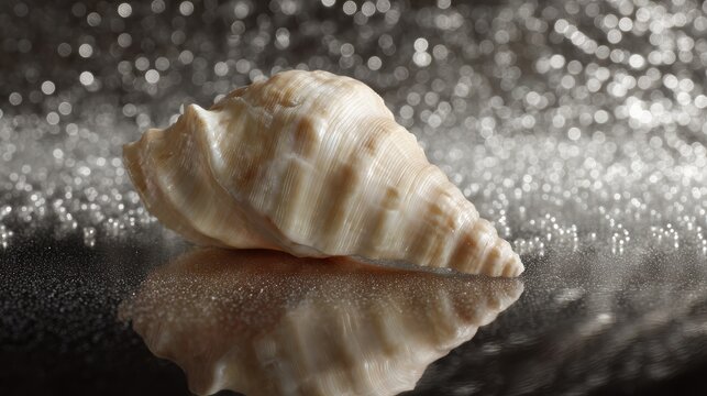 A stage made of a large sea shell on a mirror surface, jewelry background