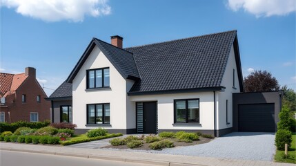 Modern family house with stylish architecture and well-kept garden in suburban neighborhood under clear blue sky and fluffy white clouds
