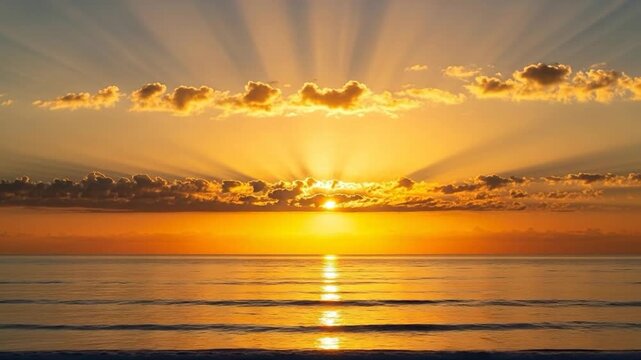A vibrant sunset over calm ocean waters, with sunrays beaming through golden clouds
