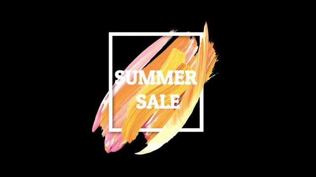 Vibrant abstract summer sale announcement graphic featuring bold yellow and orange watercolor brush strokes contained within a clean white square frame on a dark background.