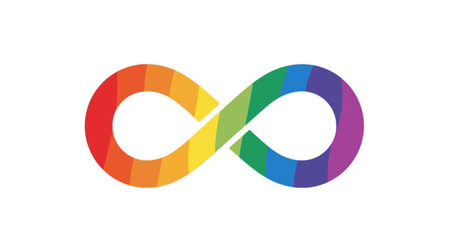 A colorful rainbow infinity symbol on a white background with vibrant LGBTQ+ pride flag colors.