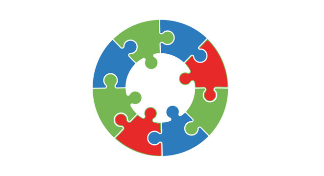A colorful circular puzzle piece graphic with red, blue, and green pieces on a white background, conveying unity and teamwork.