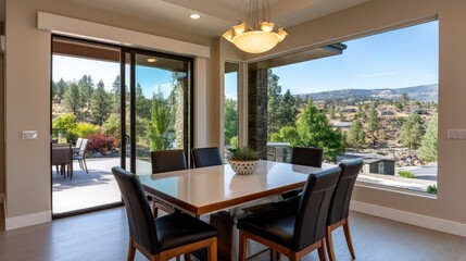 Modern Dining Room with Scenic View of Nature, Bright Sunlight Streaming Through Glass Sliding Doors, Elegant Design and Comfortable Seating Arrangement