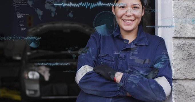 Woman mechanic leaning arms crossed in garage, camera zooming causing HUD over torso showing data