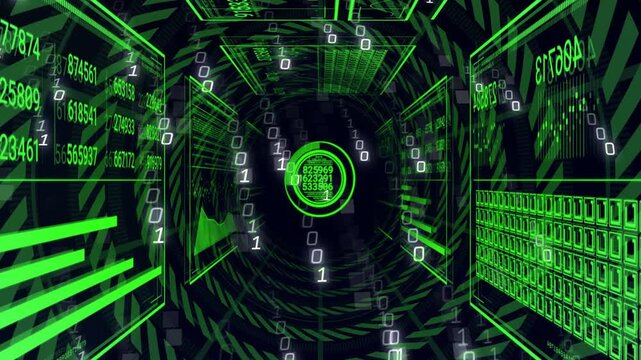 HUD panels sliding in, data tunnel advancing, binary digits cascading, readout cycling, scanning