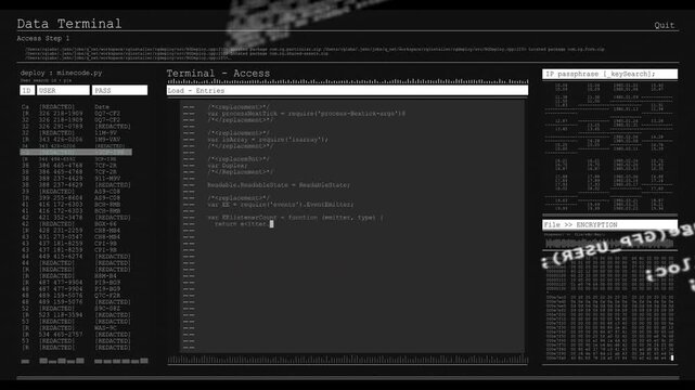 Data Terminal UI revealing console after code blur, loading entities, showing encryption for audit