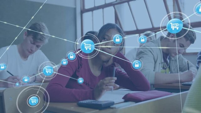 Teen student writing in class node appearing near hand and growing cart lock network for learning