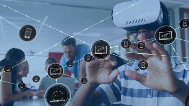 Student in VR headset reaching forward moving single appearing icon and revealing network in school
