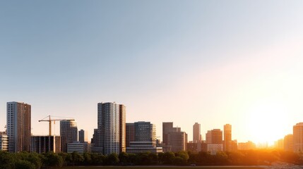 Obraz premium Urban skyline at sunrise with modern buildings and construction cranes reflecting warm light over a tranquil river in a bustling city landscape