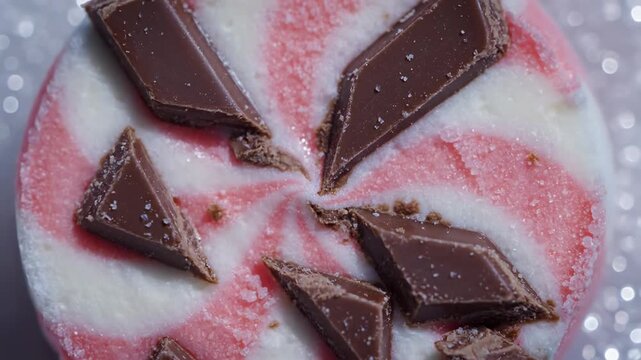 Round peppermint candy with red and white swirls topped with chocolate pieces, displayed on a sparkling surface, highlighting the sweet treat's festive appeal and texture