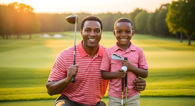 A man and a young boy standing together on a golf course holding golf clubs smiling at the camera wearing matching red shirts
